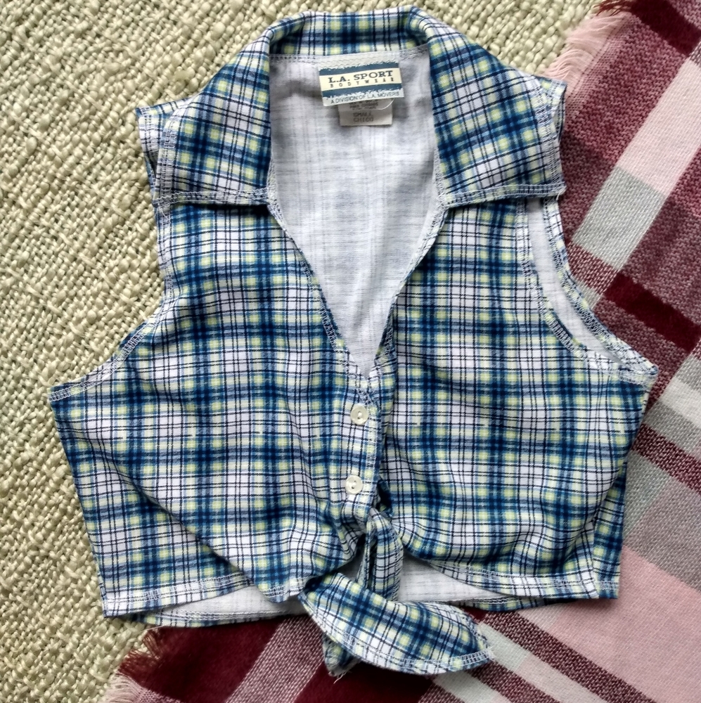 Vintage 90's Blue Plaid Knot Front Sleeveless Top - Picture 4 of 8